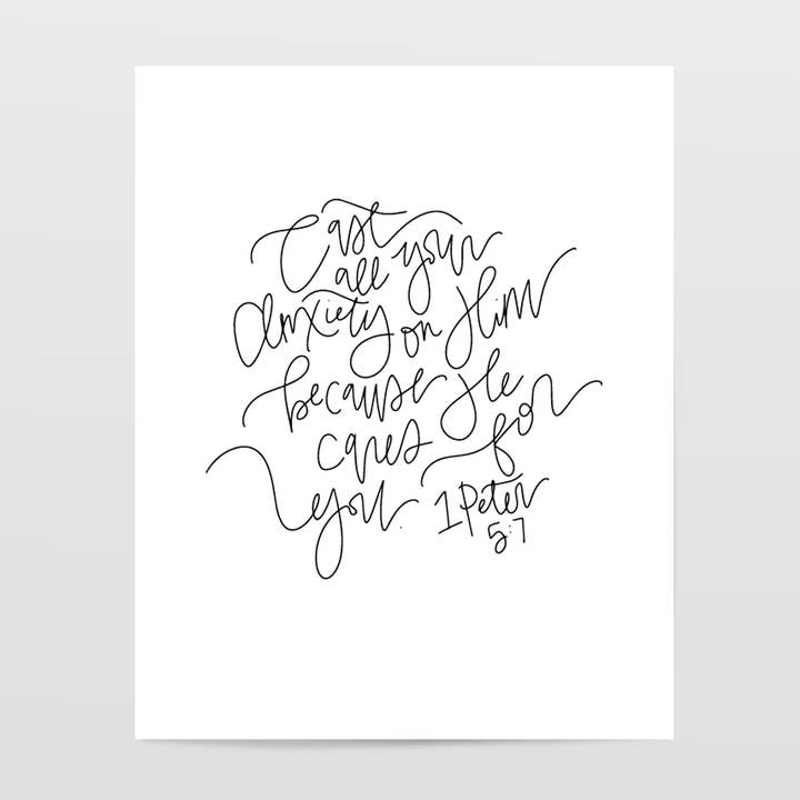 1 Peter 5:7 - Impresión artística en blanco y negro para venta al por mayor de The Woven Pen
