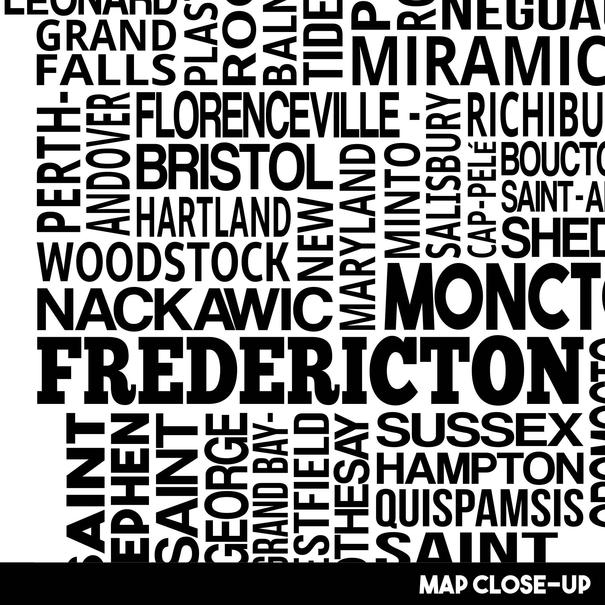 Damon D Chan – wholesale Map – New Brunswick Cities Typography Map Print1