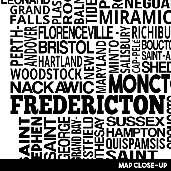 Damon D Chan - Wholesale Map - New Brunswick Cities Typography Map Print1