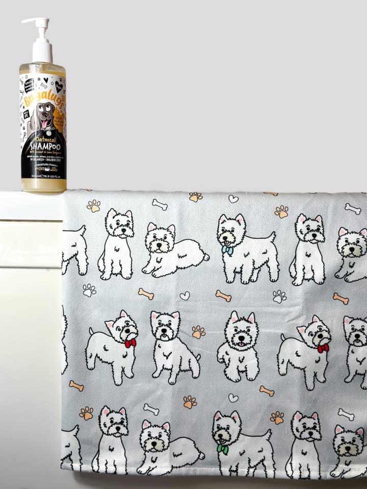 Westie Dog Towel - Grey for wholesale by The Paw Print Boutique