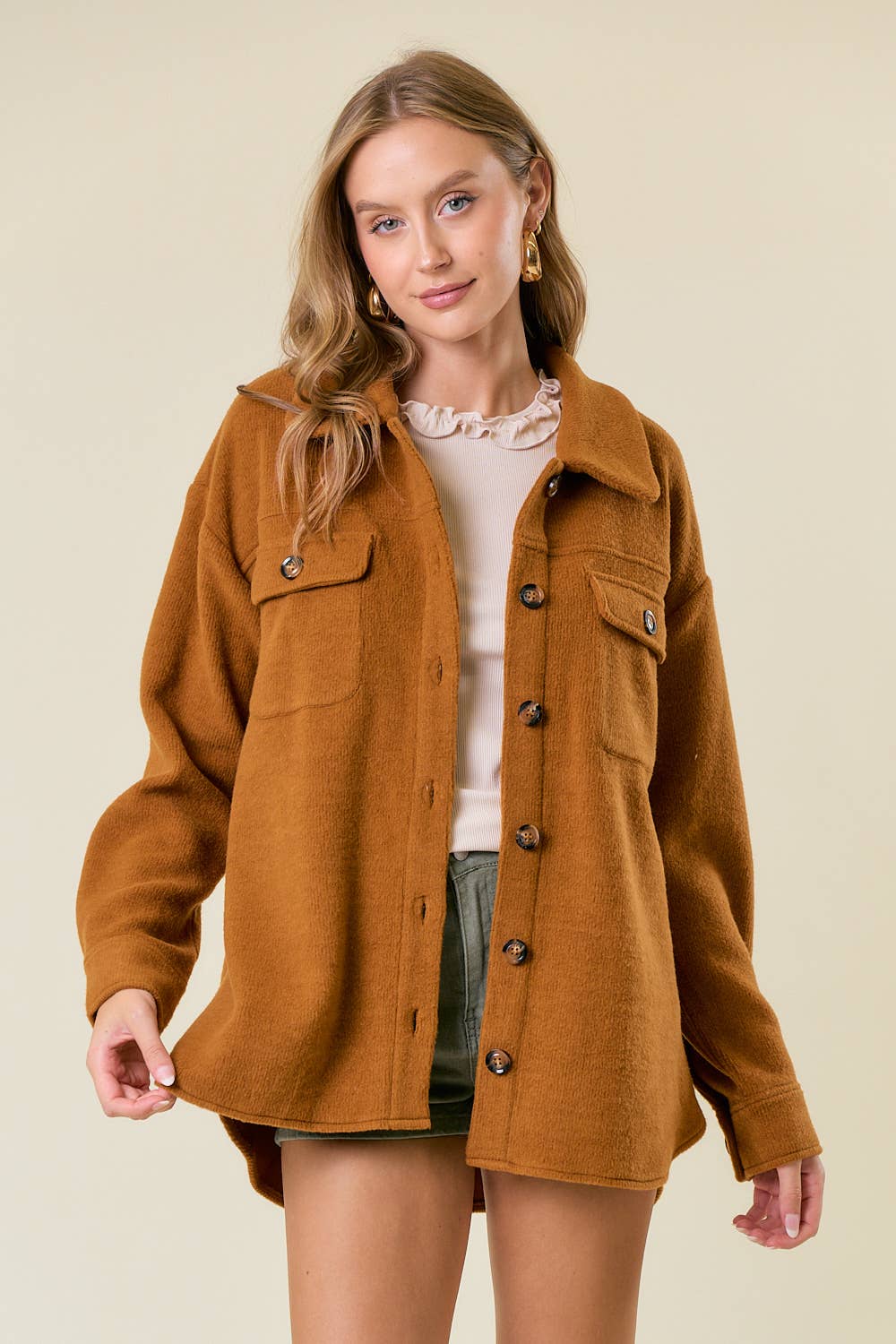 Doe and Rae - Wholesale Shirt Jacket/Shacket - Women's - Fleece Knit Button-Down Shacket W/ Patch Pocket - 10606J6