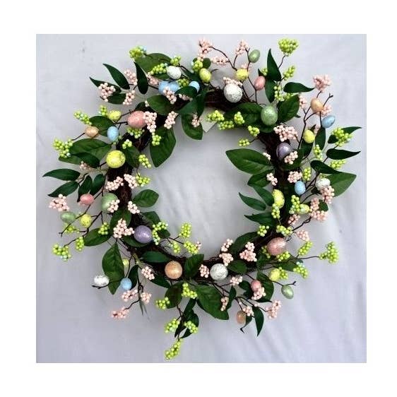Ghirlanda di Vite da 20" con Uova, Bacche, Foglie - Rosa / Verde per la vendita all'ingrosso da parte di Lucknow Southern and Company