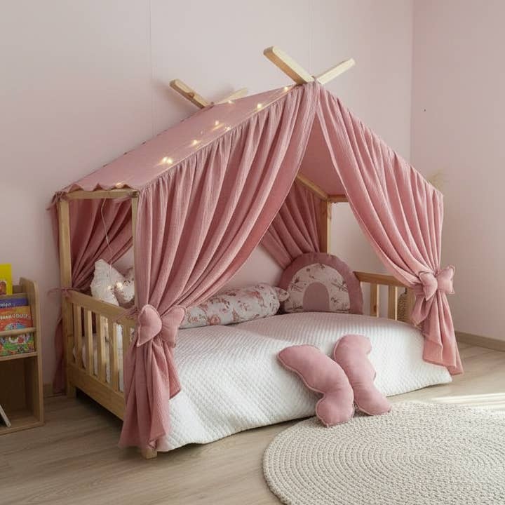 Blush Pink Muslin Bed Canopy for Montessori Floor Bed | Playhouse Tent with Butterfly Tiebacks for wholesale by Velvet White