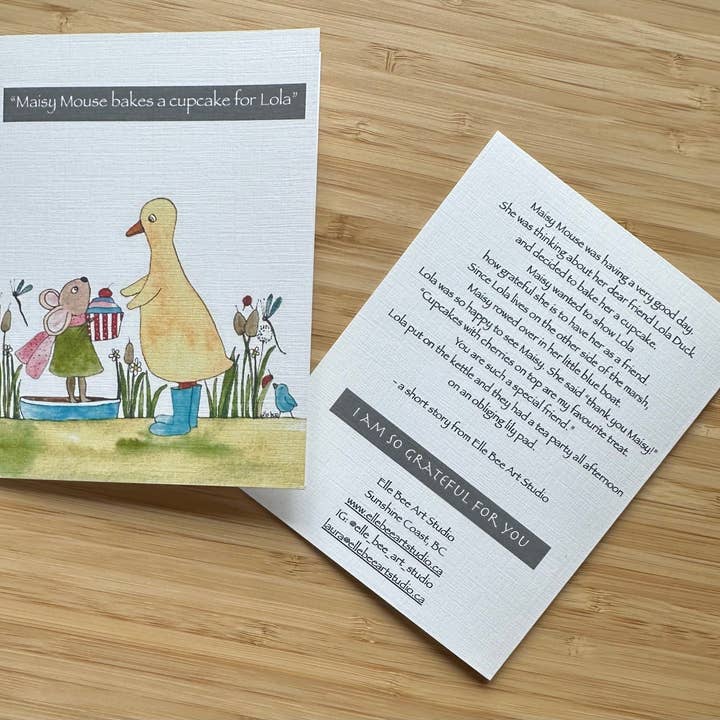 Maisy bakes a cupcake for Lola greeting card for wholesale by Elle Bee Art Studio