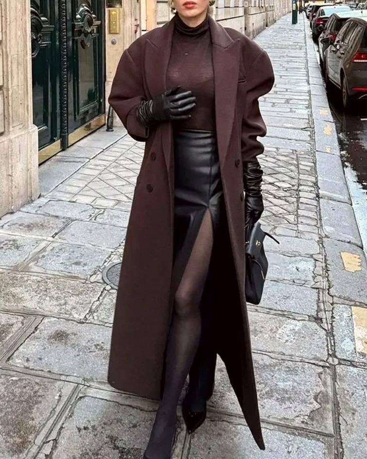 Coffee Commuter padded shoulder lapel tweed trench coat overcoat for wholesale on Faire4