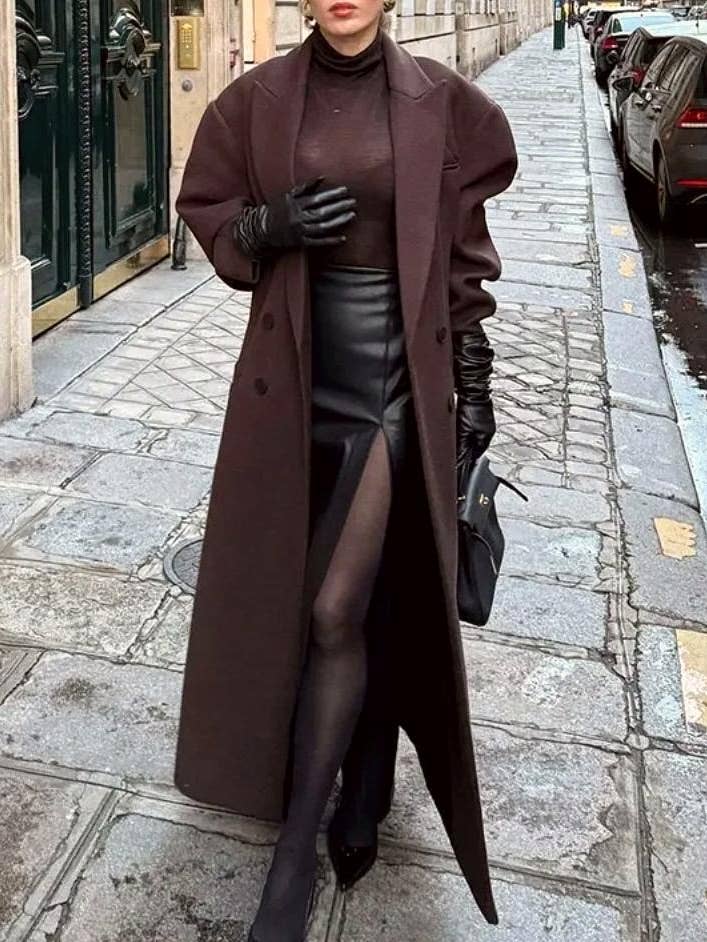 Coffee Commuter padded shoulder lapel tweed trench coat overcoat for wholesale on Faire4