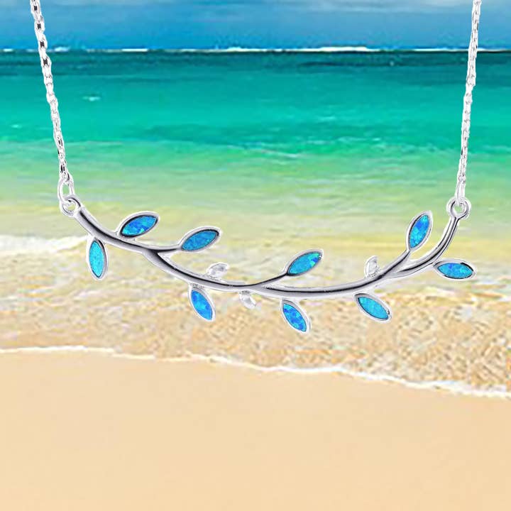 Hawaiian Blue Opal Maile Leaf Necklace, Sterling Silver Blue Opal Maile Leaf Necklace, Christmas Anniversary Birthday Mom Gift for wholesale by Paradise Treasures Jewelry