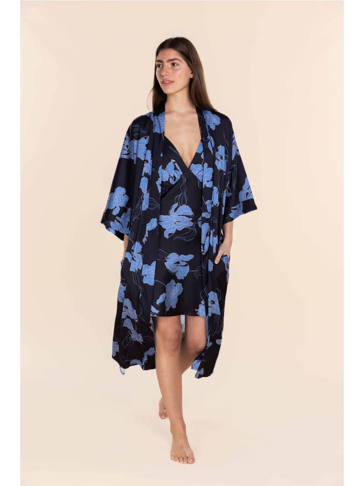 Recycled Silky Satin Long Robe - Daisy Navy Floral Print for wholesale on Faire5