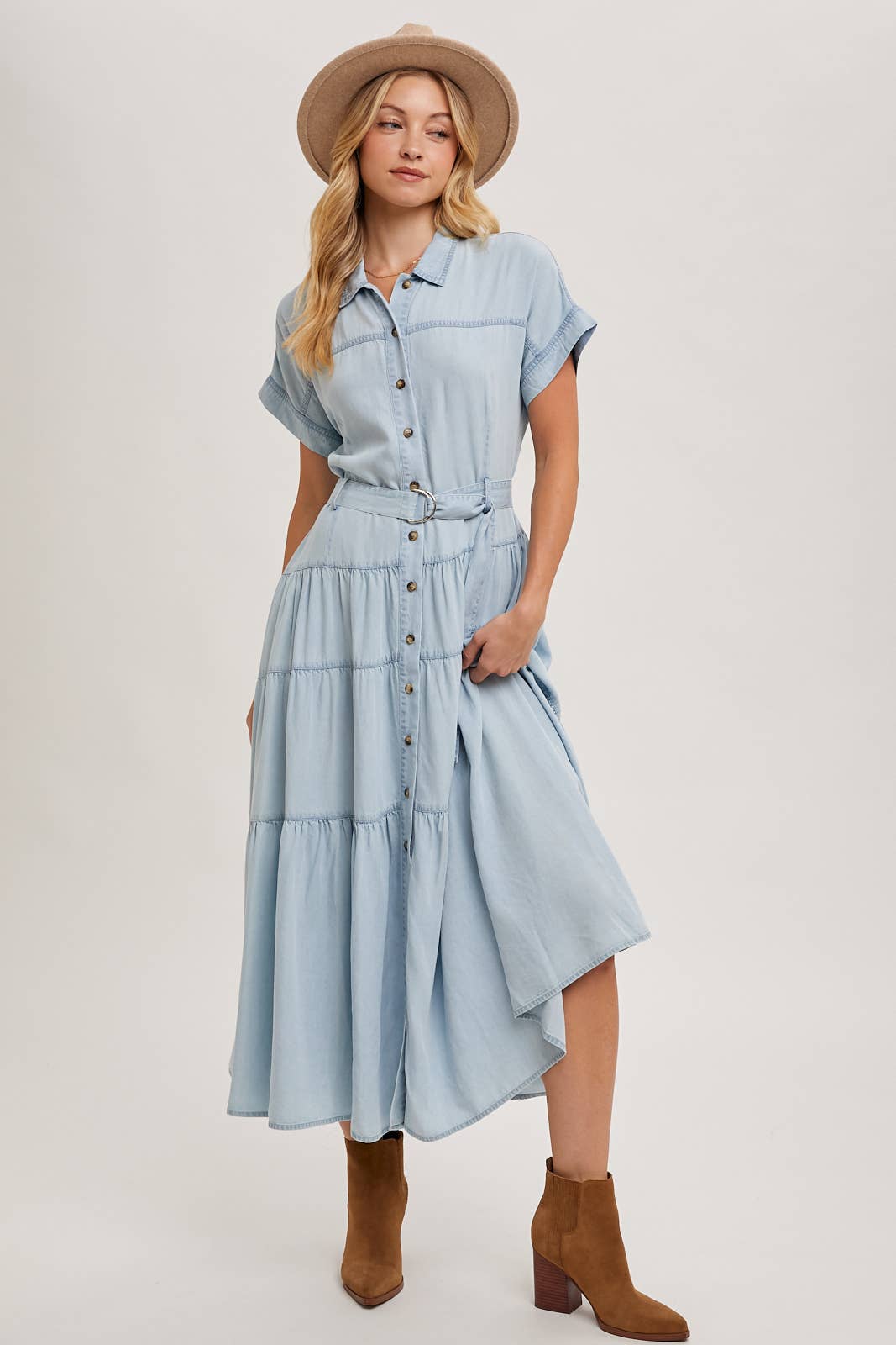 Bluivy - Wholesale Dress - Women's - BUTTON FRONT SHORT SLEEVED TIERED MAXI DENIM DRESS12
