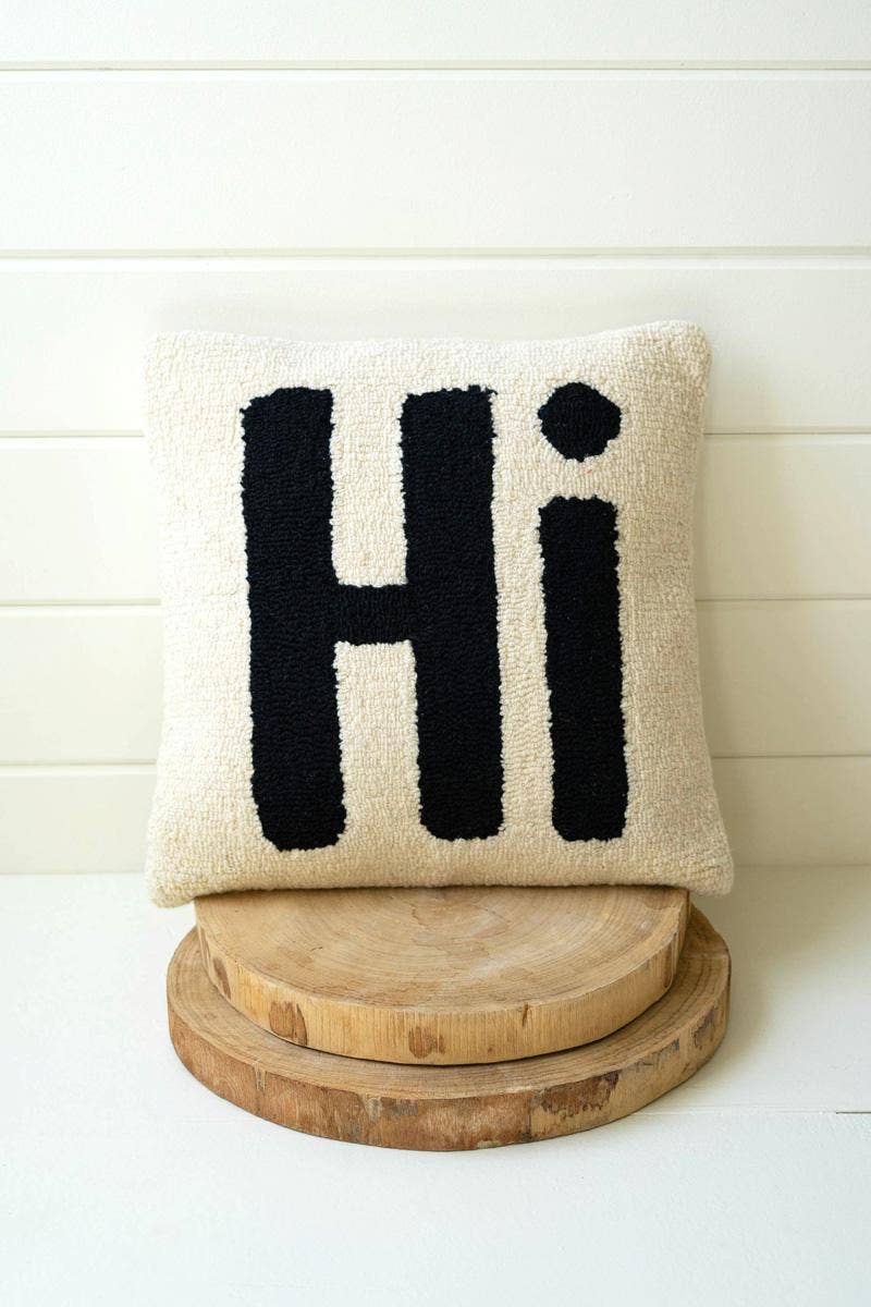 Black “Hi” HAND-HOOKED PILLOW for wholesale on Faire0