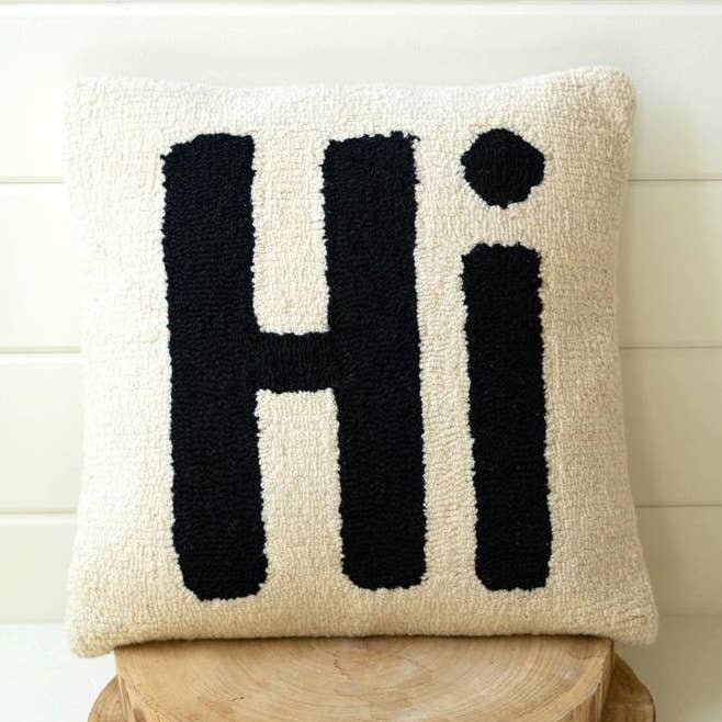 Black “Hi” HAND-HOOKED PILLOW for wholesale on Faire0