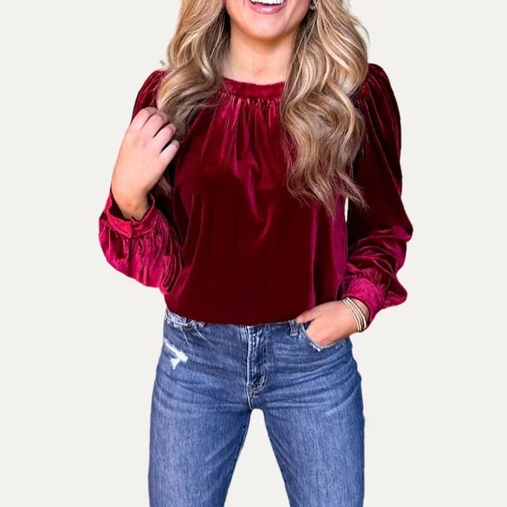 The Moment Collection - Wholesale Blouse – Women’s - Classic Velvet Round Neck Long Ballon Sleeve Top3