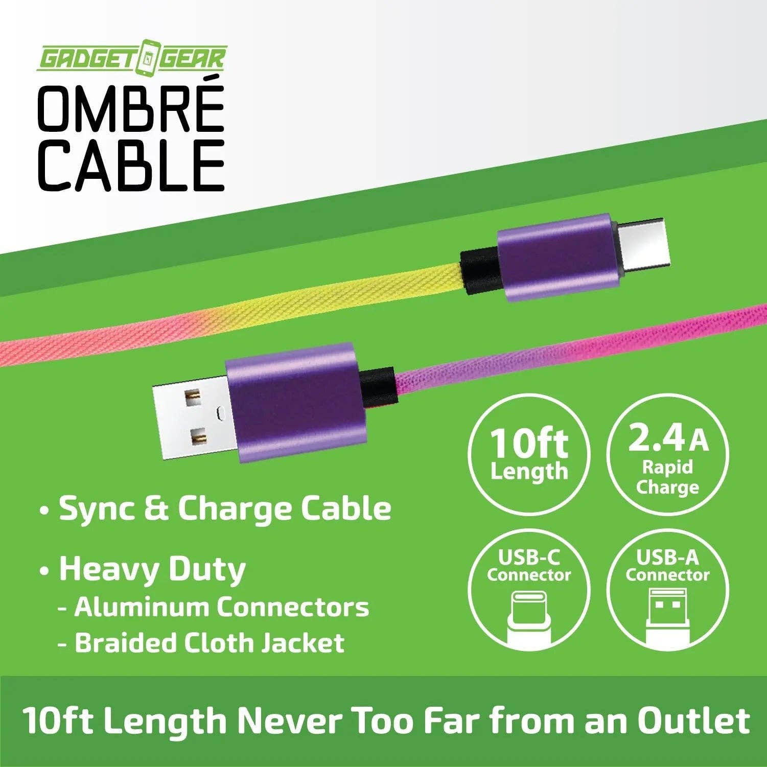 Novelty Closeout - Wholesale Charging Cable - Gadget Gear Ombre USB to USB-C 10ft Charging Cable - 6/Pack1