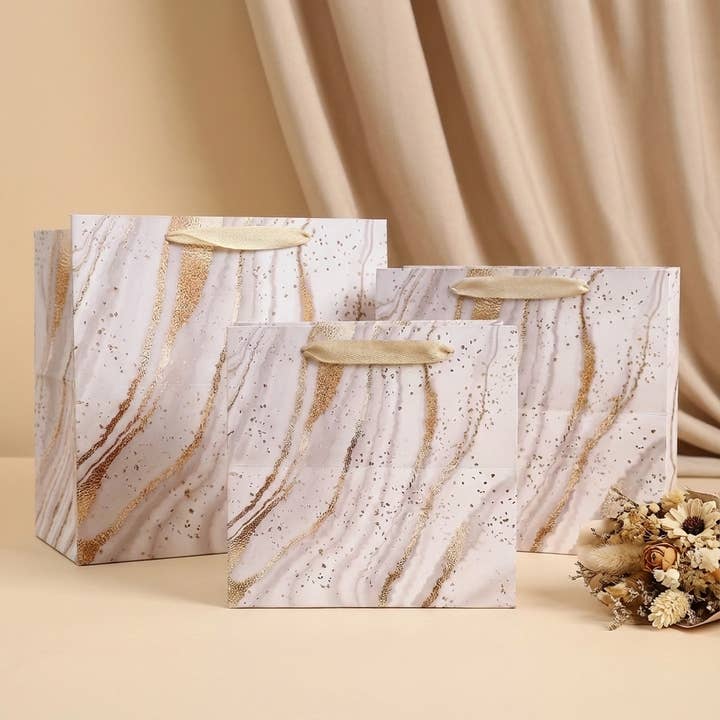 Gold Glitter Print Marble Pattern Square Gift bag w/ Tissue for wholesale by ByHome