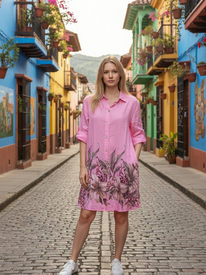 Mönstrad klänning med knappar i lin BLL-R93190L för wholesale av ORNELLA PARIS