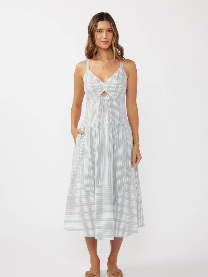 Striped V-Neck Midi Dress with Cutouts and Pockets for wholesale by Lovestitch
