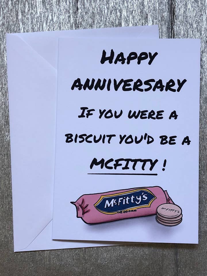 Funny Biscuit McFitty Anniversary Card for wholesale by Pics and Squiggles