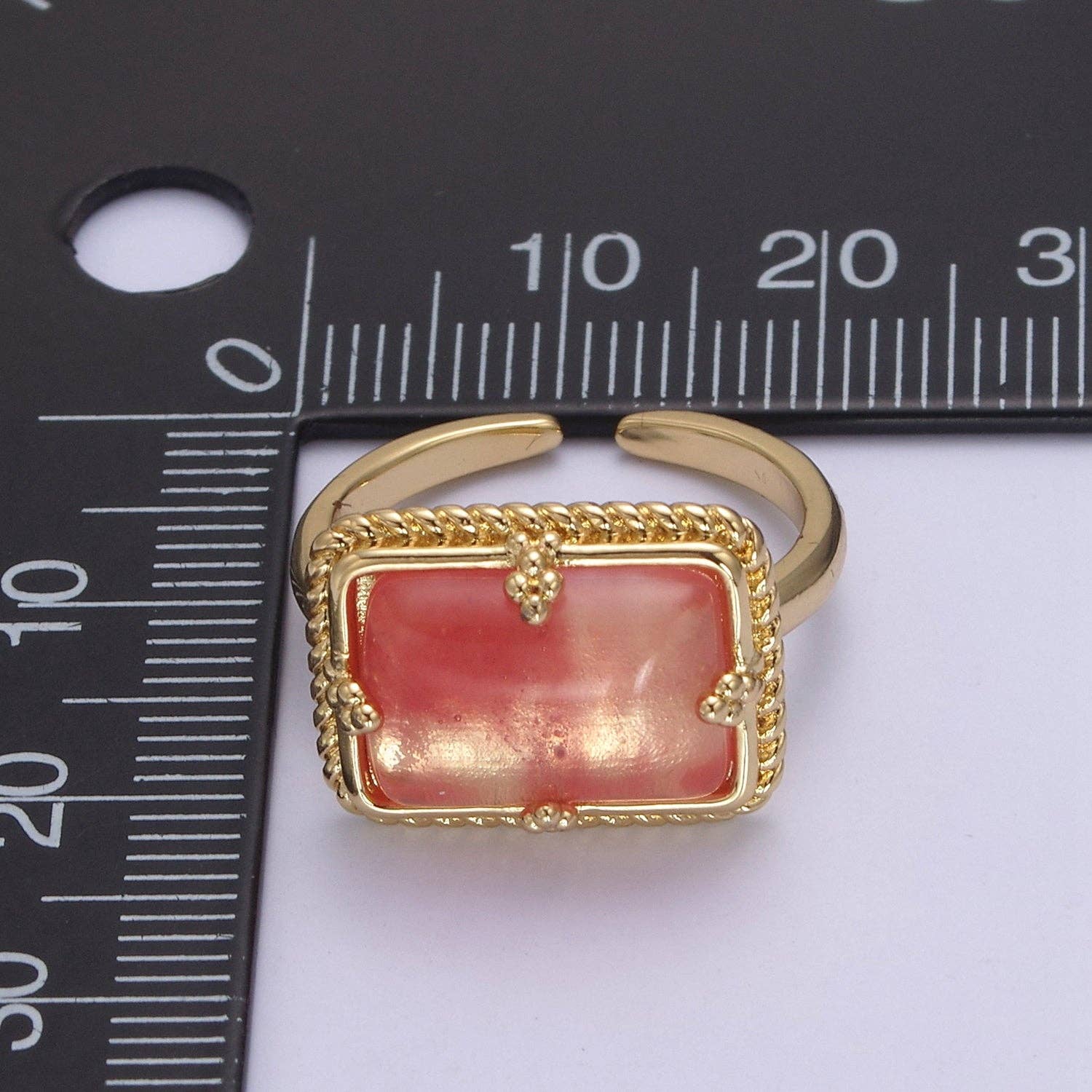 Aim Eternal - Wholesale Cocktail/Statement Ring - 24K Gold Filled Gold Watermelon Pink Rectangular Gemstone Ring, Chunky Statement Ring | U4534