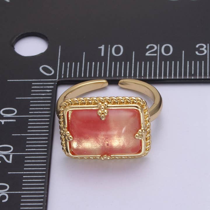 Aim Eternal - Wholesale Cocktail/Statement Ring - 24K Gold Filled Gold Watermelon Pink Rectangular Gemstone Ring, Chunky Statement Ring | U4534