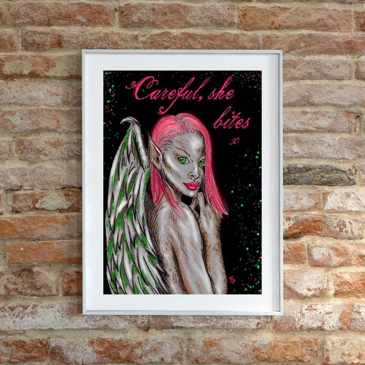 Hannah Kate Makes - Wholesale Art Print - Dark Angel Art Print - Careful She Bites - A5/A4 Pink/Green11