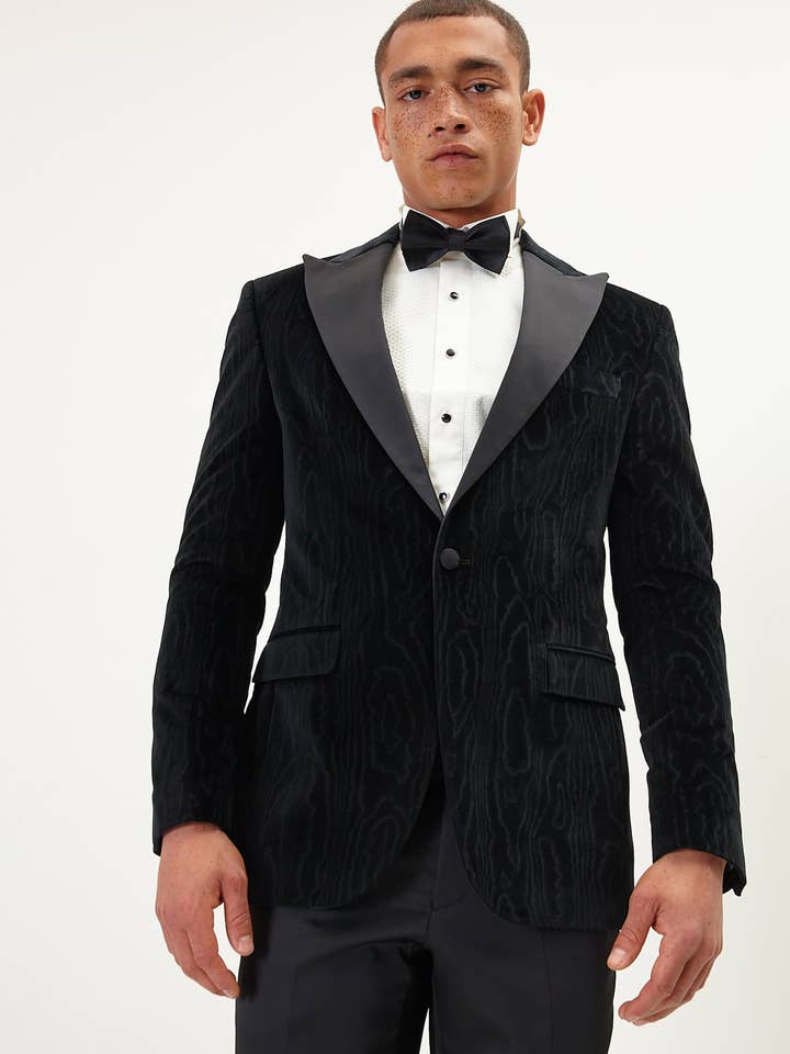 Men's Italian Velvet Textured Tuxedo - Jet Black for wholesale by Ron Tomson