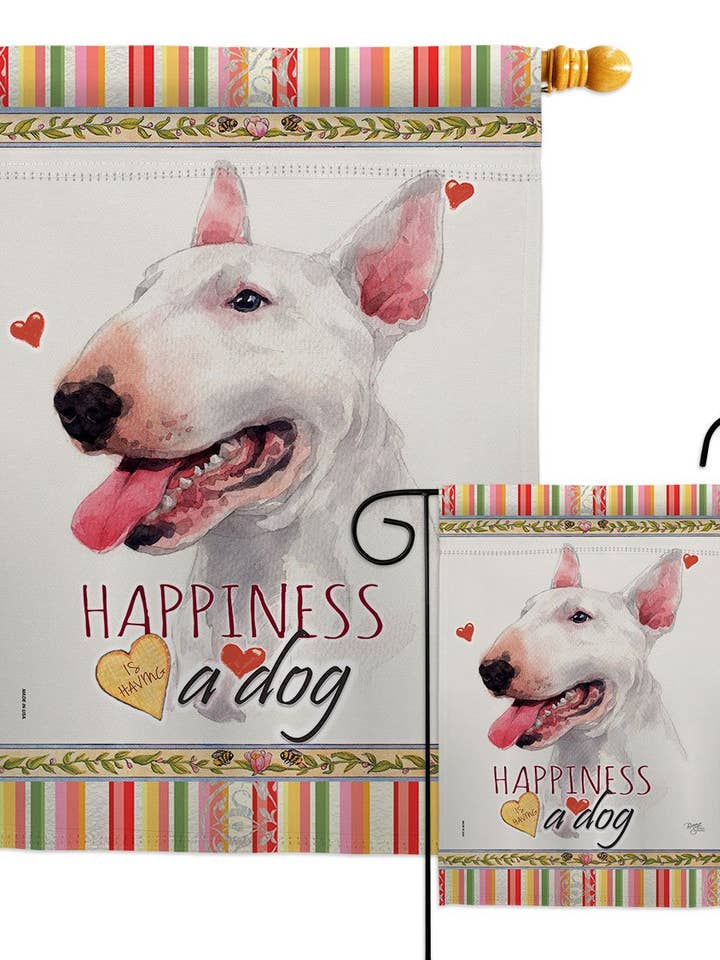 White Bull Terrier Happiness Animals Dog Decor Flag for wholesale by Two Group Flag Co