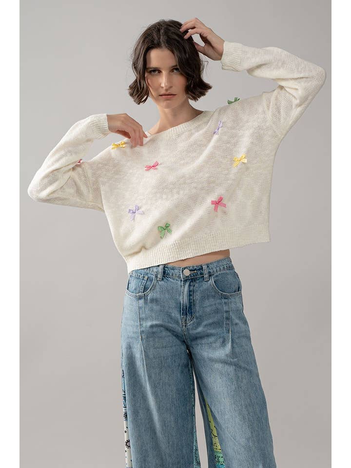 IVORY Multicolor Gingham Bow Crew Neck Knit Sweater for wholesale on Faire