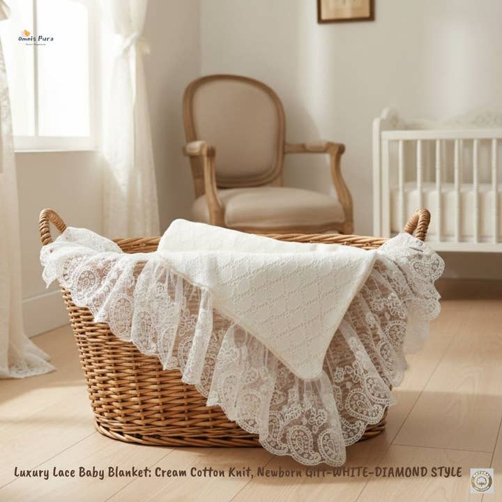 Luxury Lace Baby Blanket: White Cotton Knit, Newborn Gift for wholesale by Omnis Pura