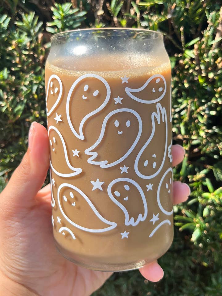 Gleeful Ghosties 16 oz Dishwasher Safe Glass Can Cups for wholesale by Kayla Noelle Co