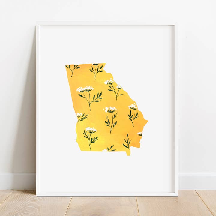 Impression d'État de Géorgie, aquarelle florale d'État, cadeau de pendaison de crémaillère, peinture de Géorgie, impression d'art d'État pour la vente par Huntington Letters