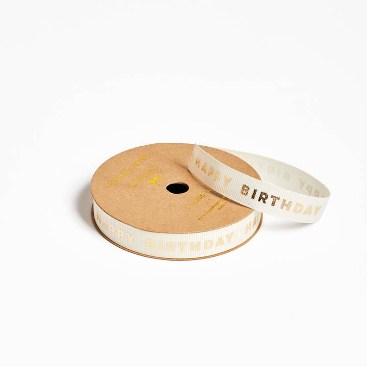 Happy Birthday Cream Grosgrain Ribbon with Gold Foil  for wholesale by Abigail Jayne Design