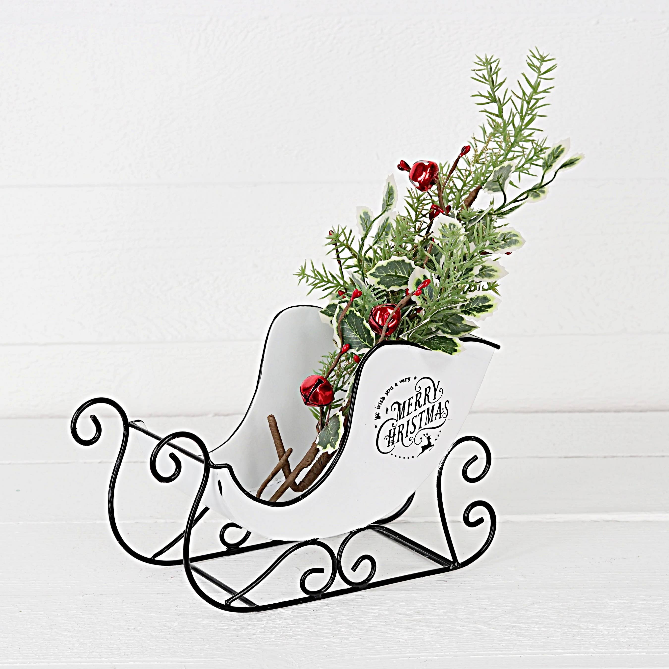 Holiday Depot Inc. - Wholesale Christmas Decoration - M32611-Vintage white metal sleigh w. Merry Christmas2
