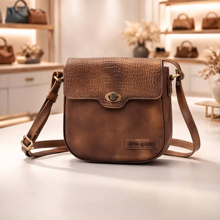 Äkta Läder Crossbody Väska Croco – Tan Brun (Dubbel Ton) för wholesale av Alta Quero