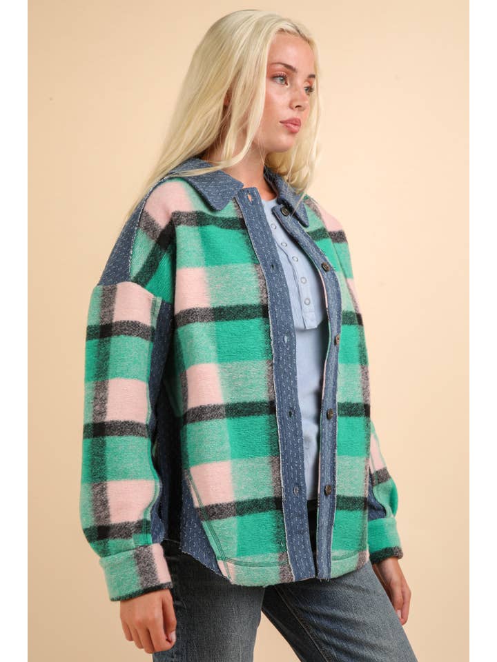 VERY J - Wholesale Shirt Jacket/Shacket - Women's - NJ90305-Textured Denim Contrast Plaid Shacket Jacket