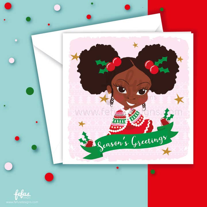 Deja - Afro Puffs Girls - Zwarte kerstkaart voor kinderen voor wholesale door Fefus Designs