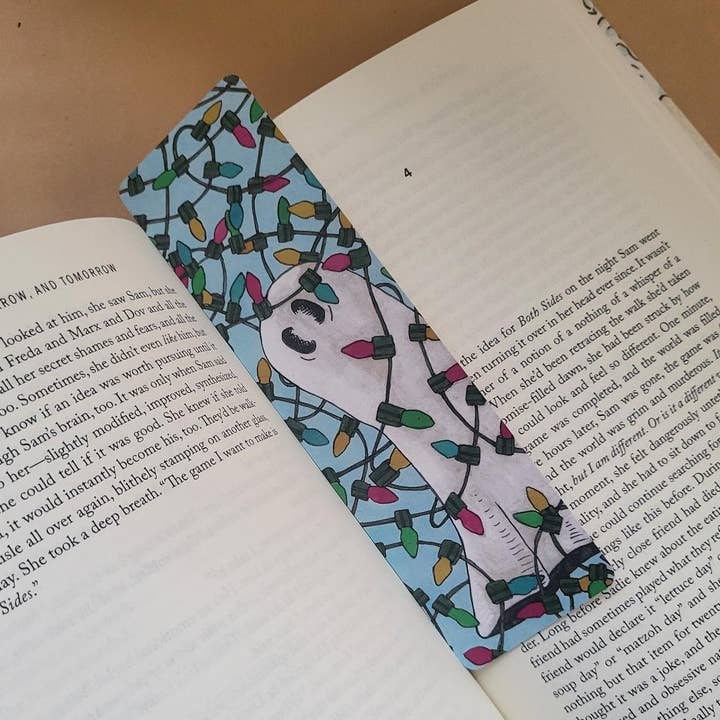 Traditional Bookmark--Swoopy Ghost Tangled in Holiday Lights for wholesale by LostInWonderArt