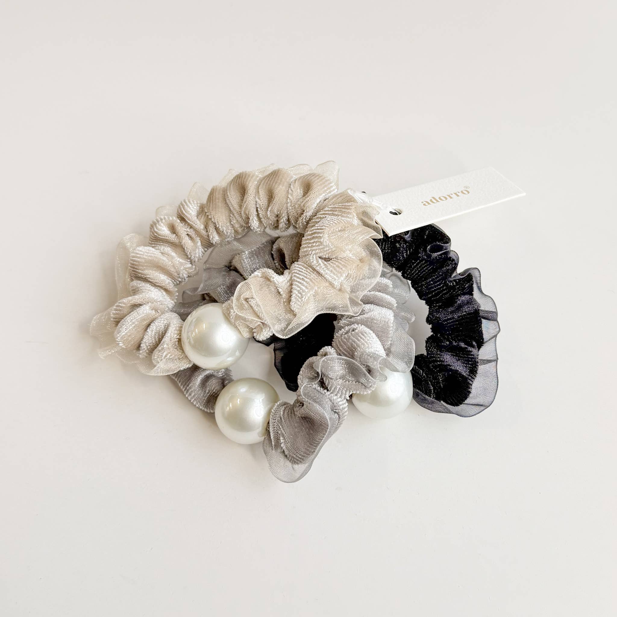 Assorted Velvet Tulle Pearl Scrunchies (Set of 3)  for wholesale on Faire2