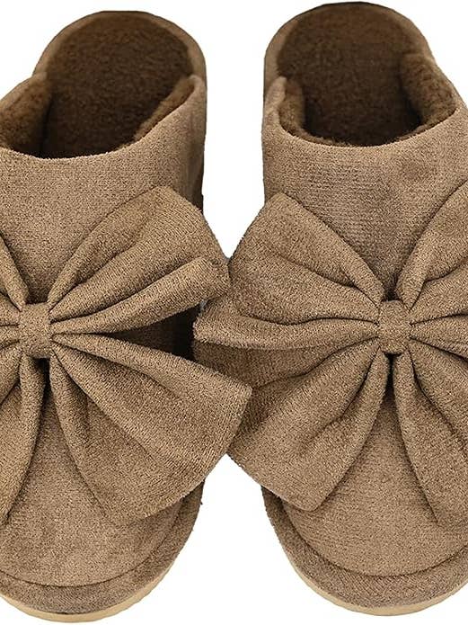 Plush Slippers - Oversized Bow - Brown for wholesale by Funky Junque