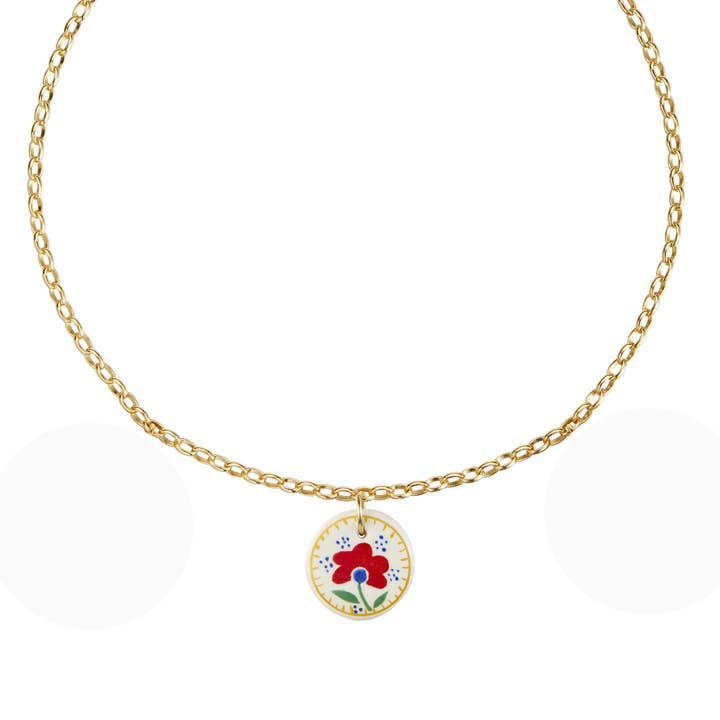 RED FLOWER PATTERN CHAIN NECKLACE IN EARTHENWARE - FAIENZ for wholesale by ARMERIA BIJOUX