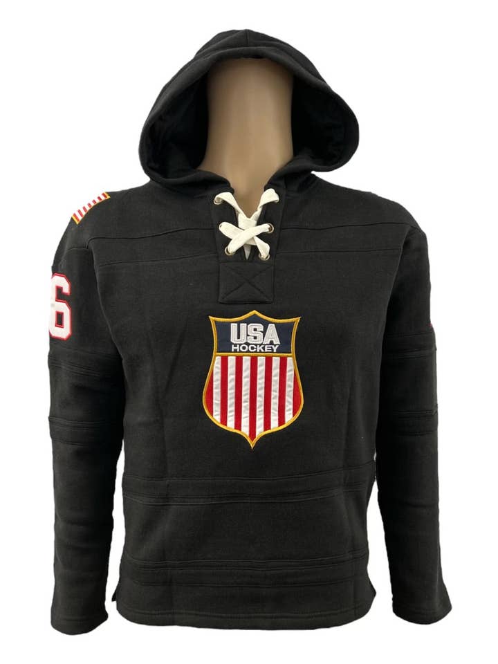 Camisola com Capuz Preta com Renda Bordada Oficial com Logótipo do Escudo da USA Hockey por atacado de Lowsportgeaar