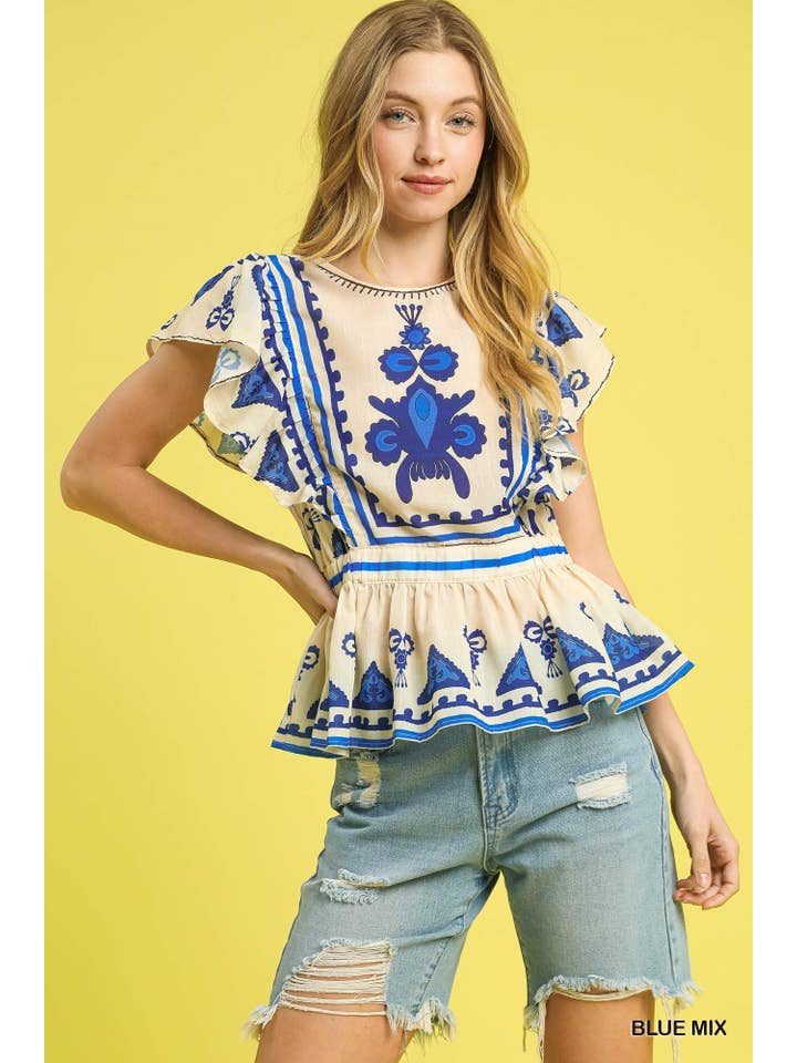 Vanilla Monkey - Wholesale Blouse - Women's - Boho Embroidered Ruffle Sleeve Peplum Top