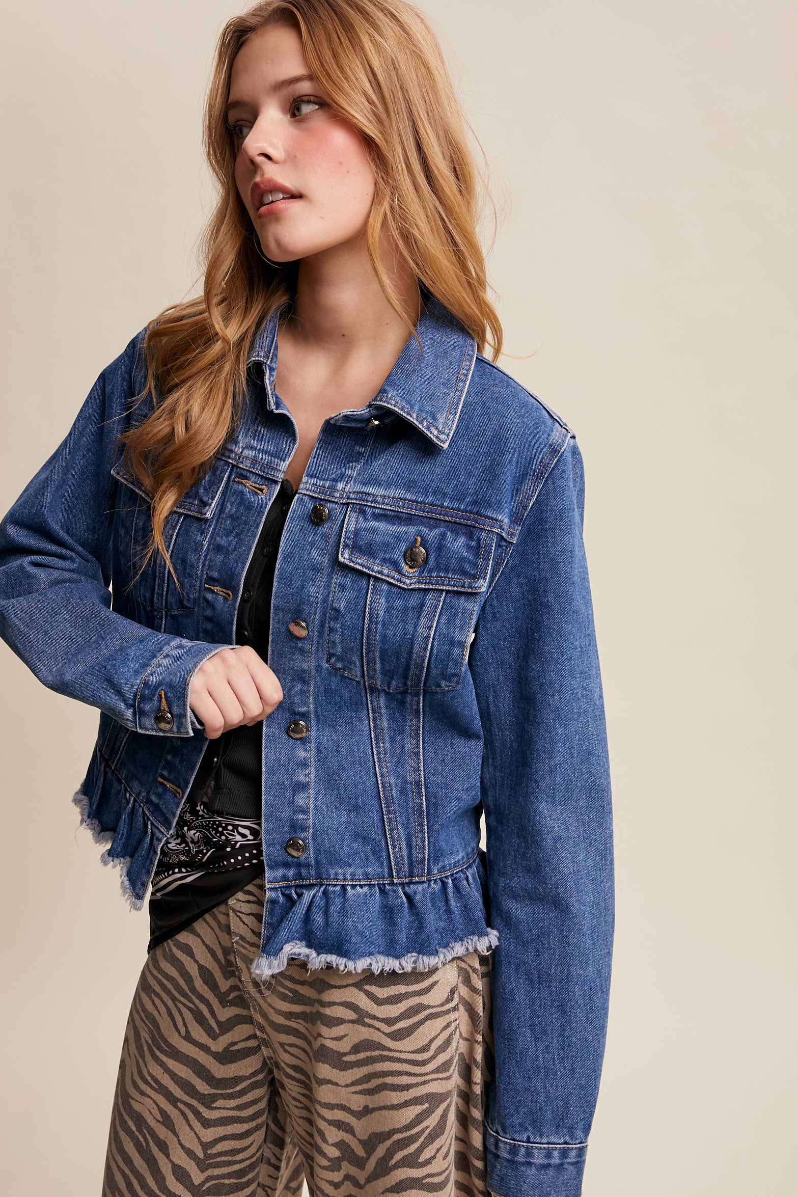 Listicle - Wholesale Denim Jacket - Women's - Ruffled Hem Denim Jacket LJ023623