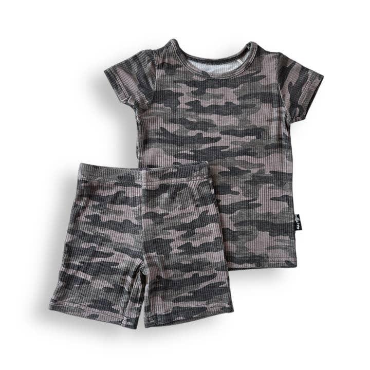 millie + roo - Wholesale Sleepwear Set - Kids - TWO PIECE SHORTIE SET- Chris Camo Ribbed