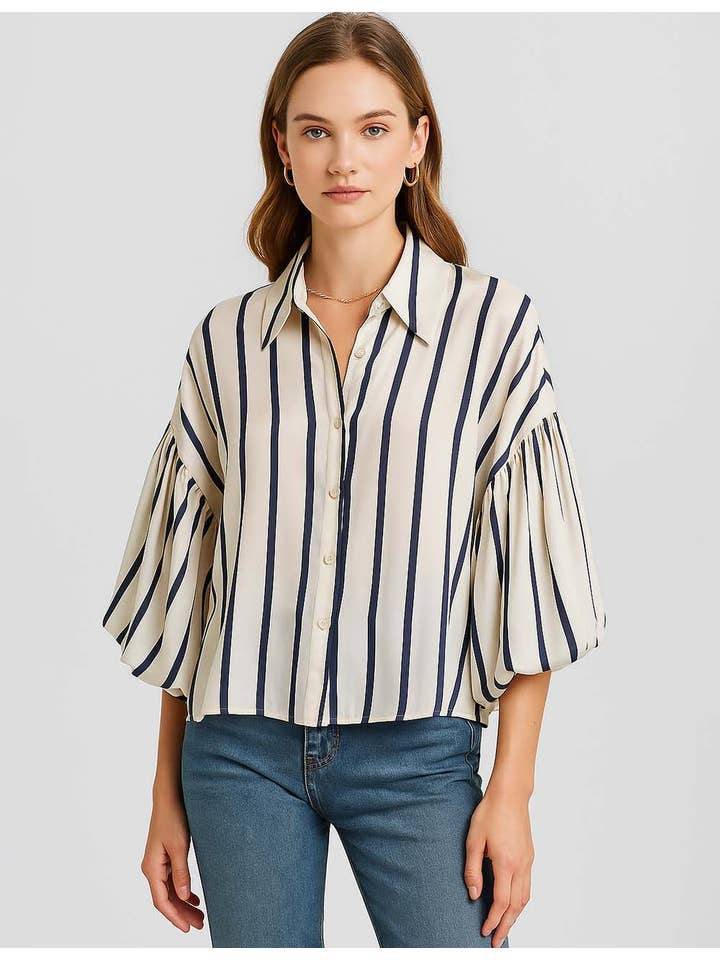 Sweetkama - Wholesale Button Down Shirt - Women's - Ladies Lantern Sleeve Striped Short Shirt SKT481513