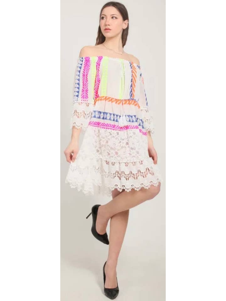 LOOWIE - Vendita all'ingrosso Vestito - Donna - 3350 Abito all'uncinetto in pizzo di cotone bianco taglia unica LOOWIE