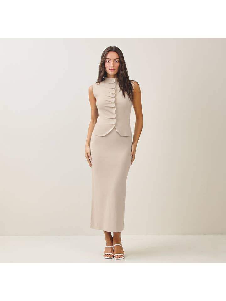 OATMEAL Pleated front top & skirt set for wholesale on Faire4