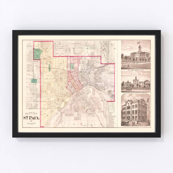 Vintage Map of St. Paul, Minnesota 1874 for wholesale by Ted's Vintage Art