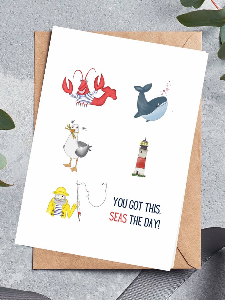 "Seas the Day" Card with red envelope - 4.25x 5.5" for wholesale by Upstate Design Studio