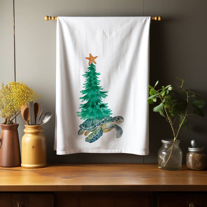 Christmas Turtle Kitchen Towel for wholesale by Blue Poppy Designs