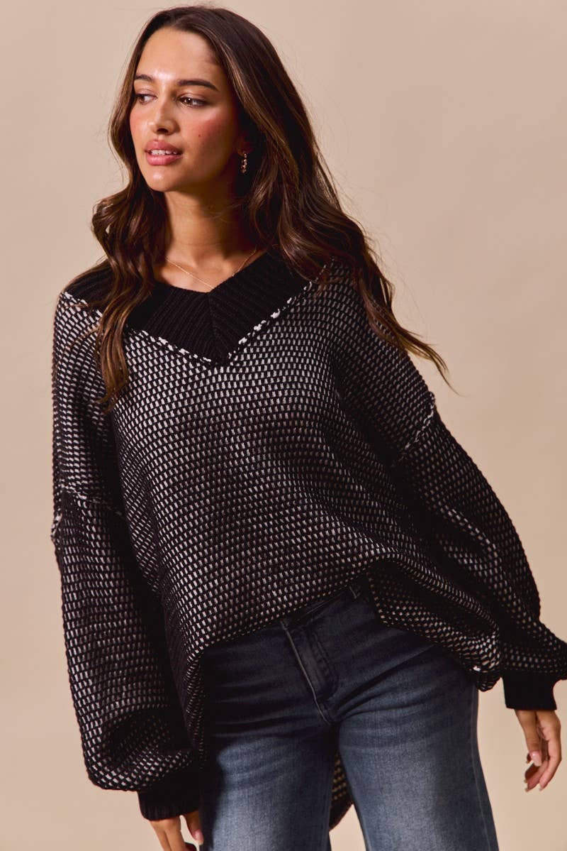 Vanilla Monkey – wholesale Pullovertröja - Dam – Överdimensionerad tvåfärgad texturerad V-ringad tröja topp0